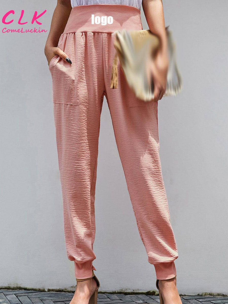 Custom Logo  Casual Solid High Waist Trousers Women Black Pocketed Casual Joggers Pants