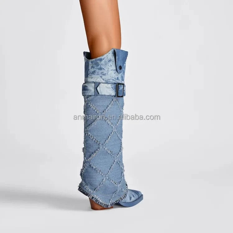 Custom Logo Cowboy Winter Boots Western Women Knee High Shoes 2023 New Fashion Denim Fleece Chunky Heel Slip On Pointed Toe