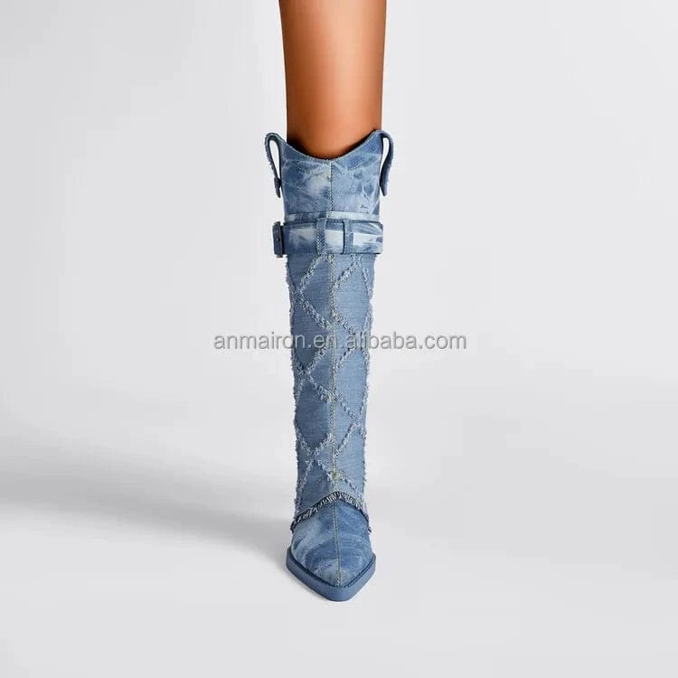 Custom Logo Cowboy Winter Boots Western Women Knee High Shoes 2023 New Fashion Denim Fleece Chunky Heel Slip On Pointed Toe