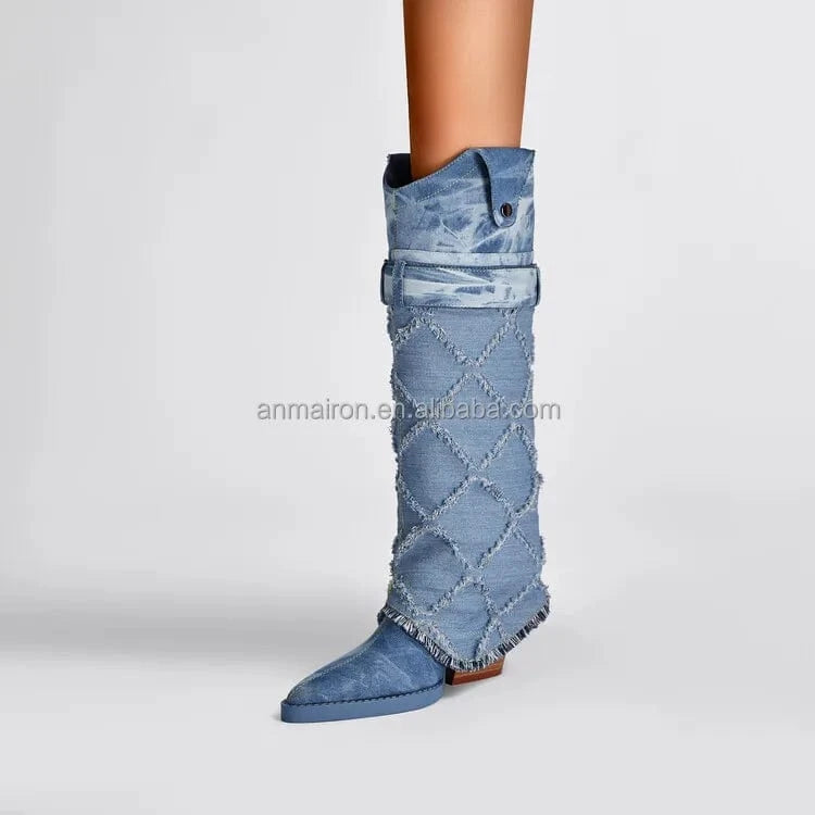 Custom Logo Cowboy Winter Boots Western Women Knee High Shoes 2023 New Fashion Denim Fleece Chunky Heel Slip On Pointed Toe