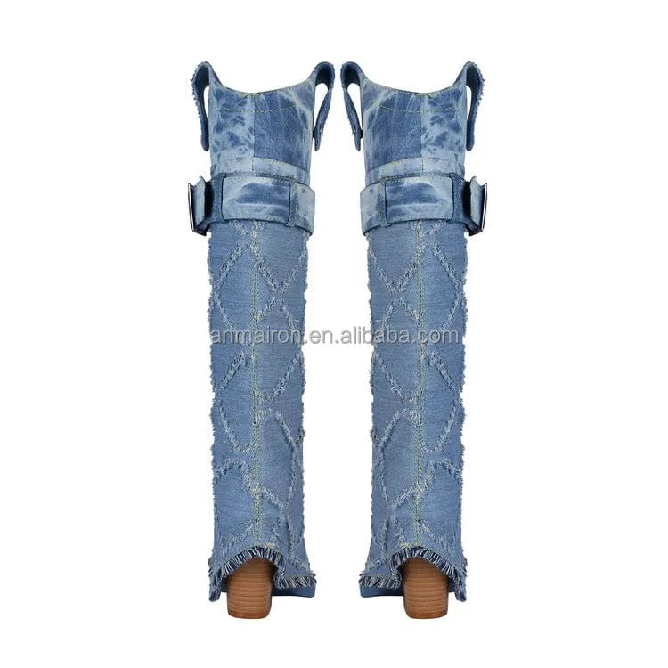 Custom Logo Cowboy Winter Boots Western Women Knee High Shoes 2023 New Fashion Denim Fleece Chunky Heel Slip On Pointed Toe