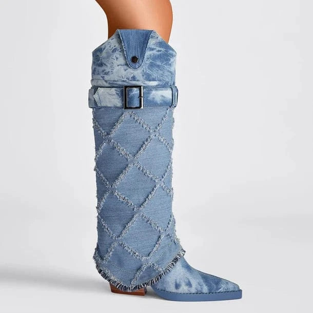 Custom Logo Cowboy Winter Boots Western Women Knee High Shoes 2023 New Fashion Denim Fleece Chunky Heel Slip On Pointed Toe