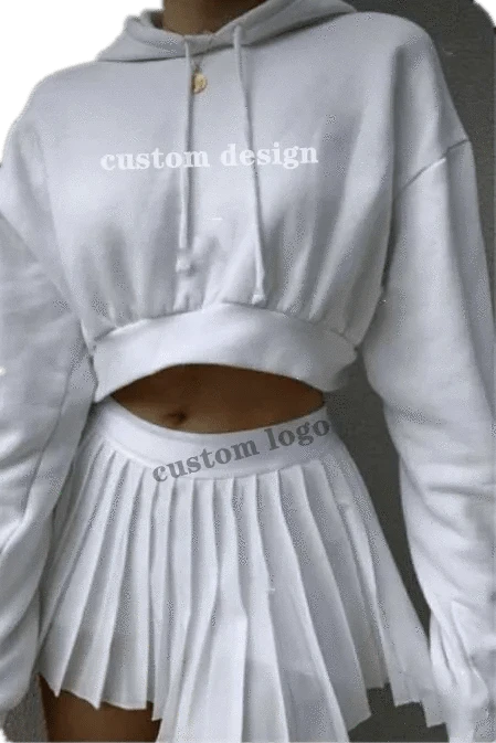 Custom logo Crop hoodie and pleated short tennis skirts matched sport running wear Tennis wear for women