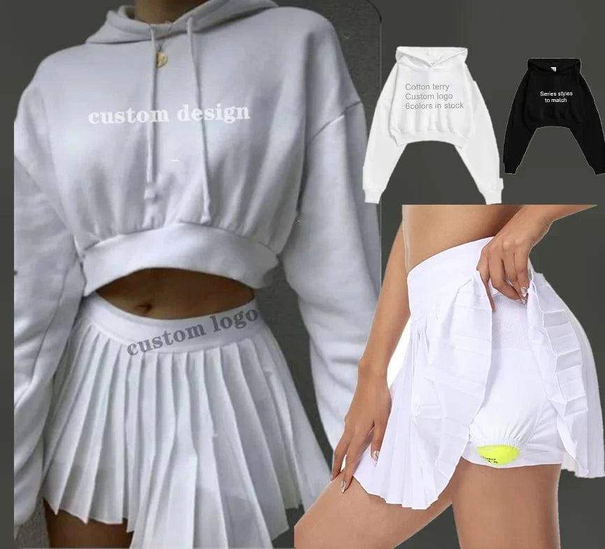 Custom logo Crop hoodie and pleated short tennis skirts matched sport running wear Tennis wear for women