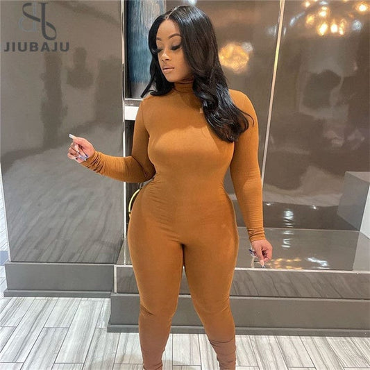 Custom Logo Jumpsuits Women Hipster Full Sleeve Turtleneck Body-shaping Playsuits Concise Overalls