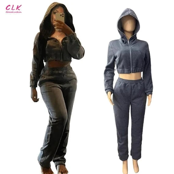 Custom Logo New Fall Sweatshirt Sets For Women Two Pieces Women's Jogger Sweatsuits Zipper Crop Hoodies And Trousers Set