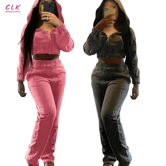 Custom Logo New Fall Sweatshirt Sets For Women Two Pieces Women's Jogger Sweatsuits Zipper Crop Hoodies And Trousers Set