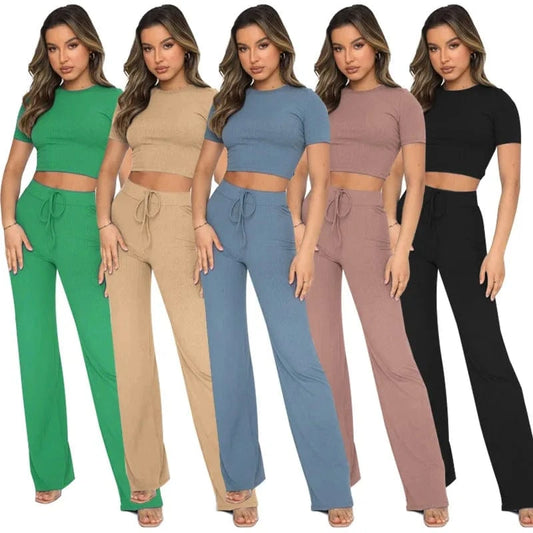 Custom logo Rib knitted Solid color elastic Crop top t shirt and pant two piece set for women clothing
