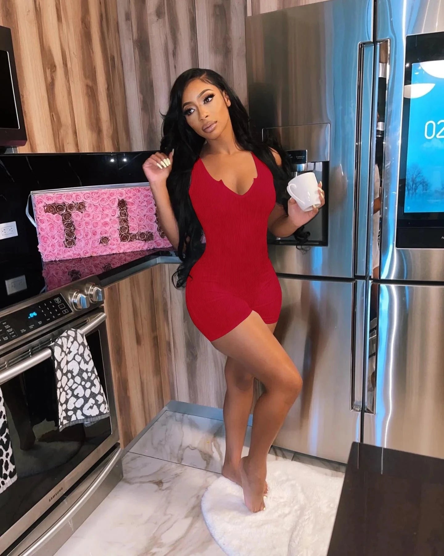 Custom Logo round V neck sleeveless rib short leg slim bodysuit summer jumpsuit for woman