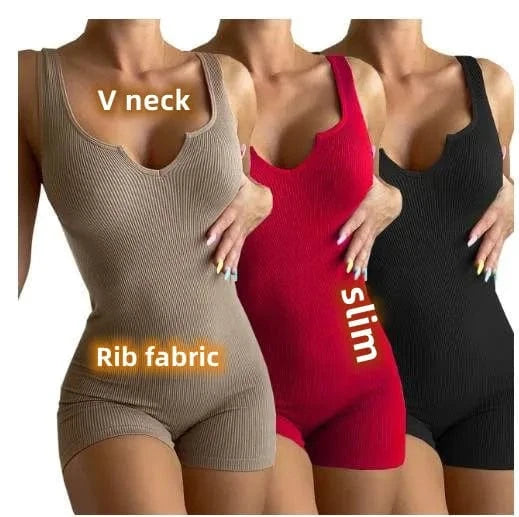 Custom Logo round V neck sleeveless rib short leg slim bodysuit summer jumpsuit for woman