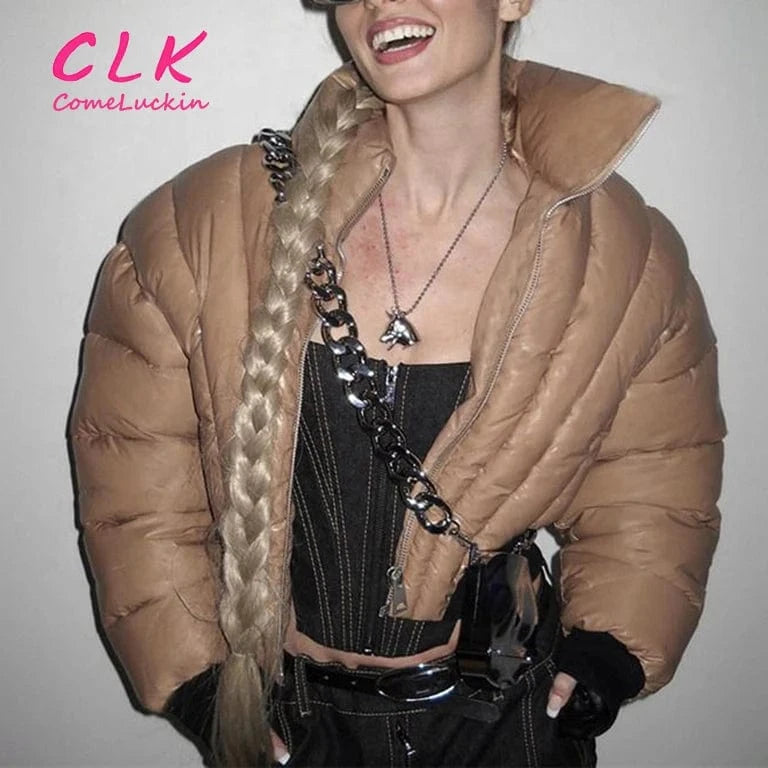 Custom Logo Solid Turtleneck Long Sleeve Zip Up Warm Cotton Y2k Sexy Crop Jacket Coat Winter Gothic Clothes