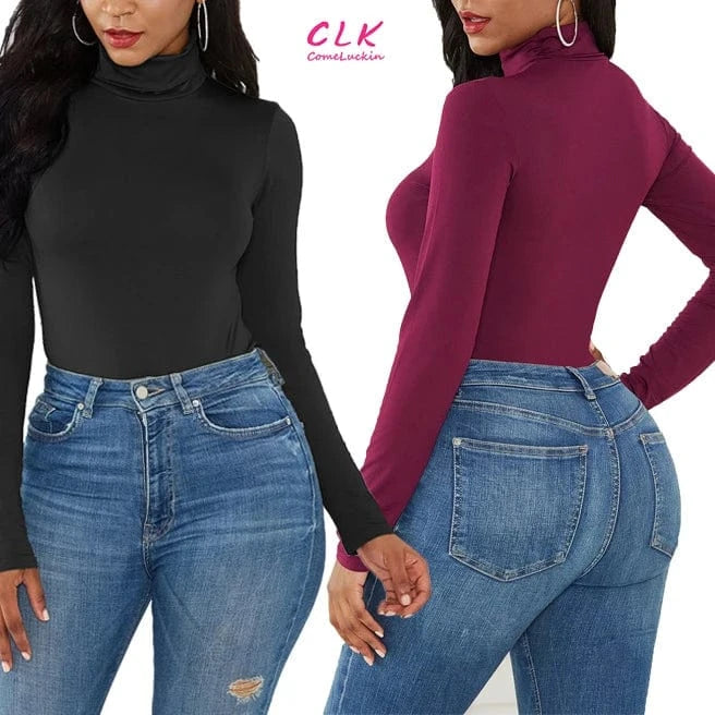 Custom Logo Spring Clothes Knit Long Sleeve Bodysuit Women Turtleneck Solid Color Bodycon Female Women's Jumpsuits Playsuits