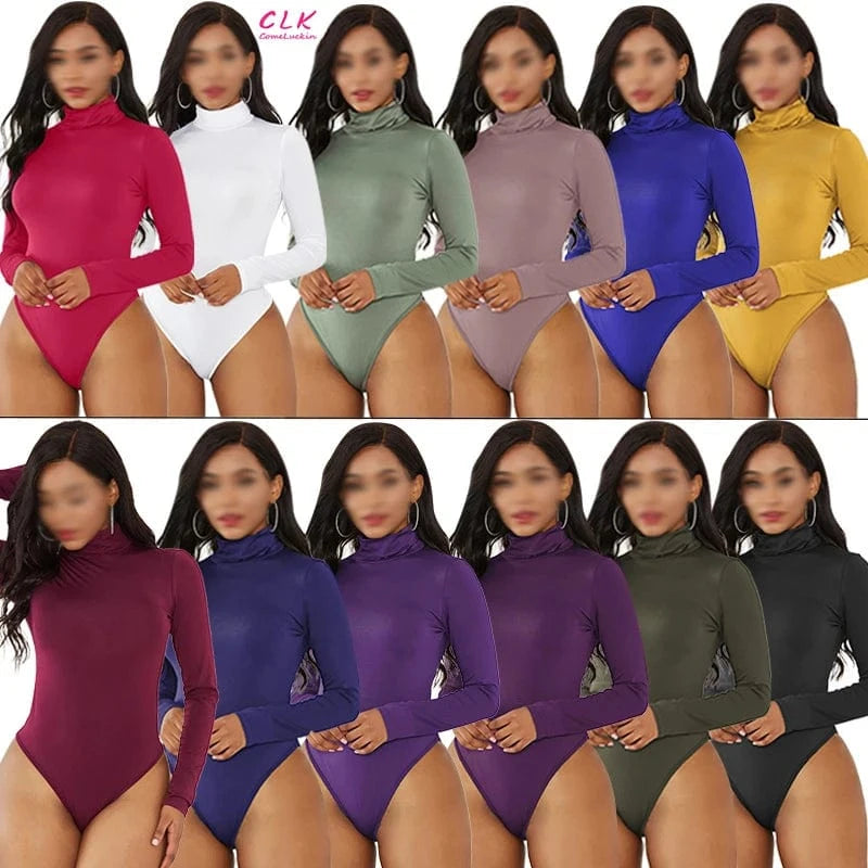 Custom Logo Spring Clothes Knit Long Sleeve Bodysuit Women Turtleneck Solid Color Bodycon Female Women's Jumpsuits Playsuits