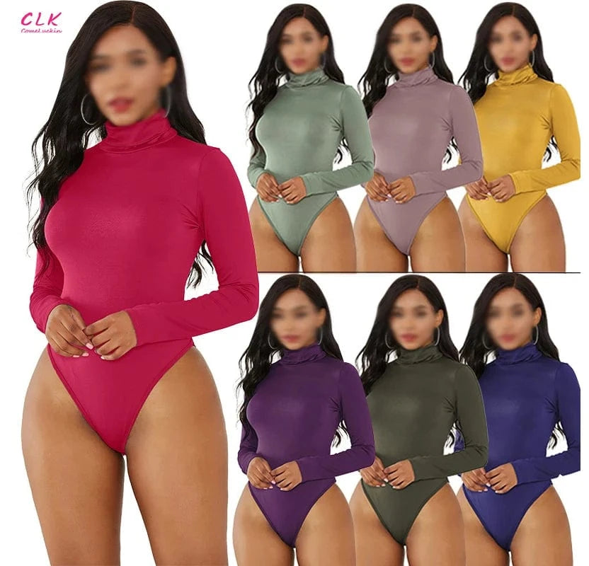 Custom Logo Spring Clothes Knit Long Sleeve Bodysuit Women Turtleneck Solid Color Bodycon Female Women's Jumpsuits Playsuits