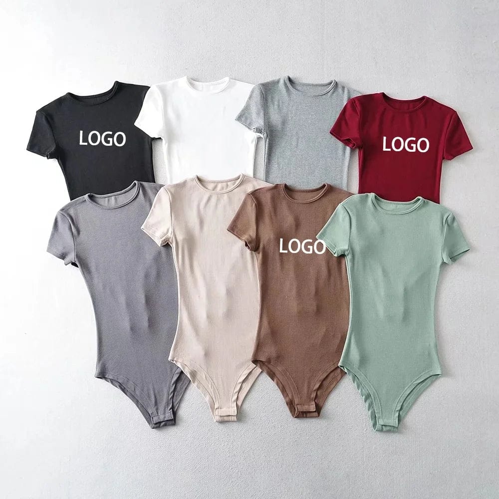 Custom logo summer casual ladies basic T shirt top crew neck bodycon fitted short sleeve rib woman bodysuits