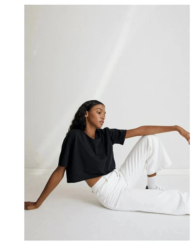 Custom logo Wholesale Cotton Crew Neck Short Sleeve Oversize Loose Fit Athletic Women's Blank Crop Top T shirt