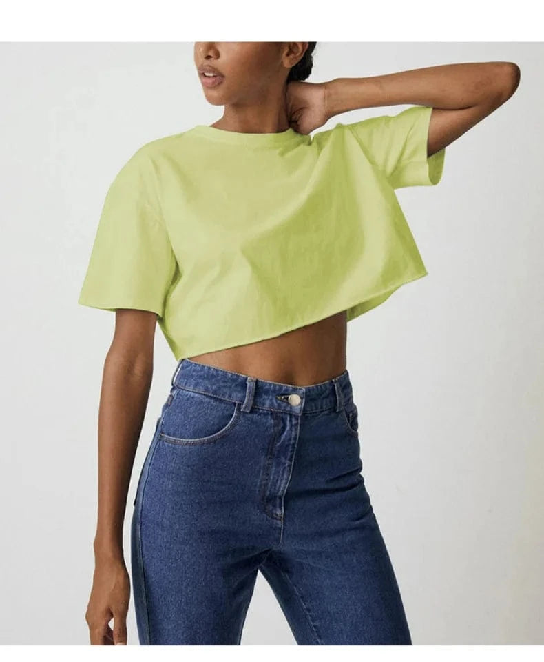 Custom logo Wholesale Cotton Crew Neck Short Sleeve Oversize Loose Fit Athletic Women's Blank Crop Top T shirt