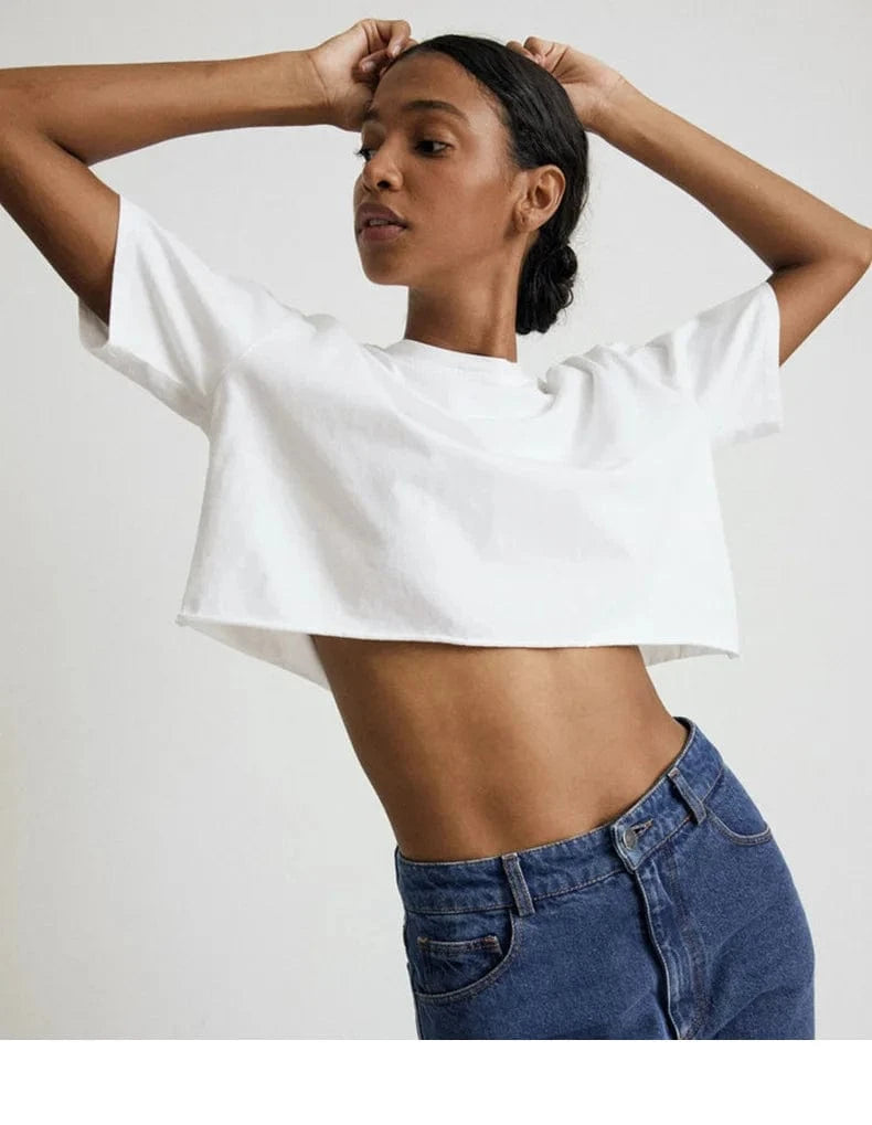 Custom logo Wholesale Cotton Crew Neck Short Sleeve Oversize Loose Fit Athletic Women's Blank Crop Top T shirt