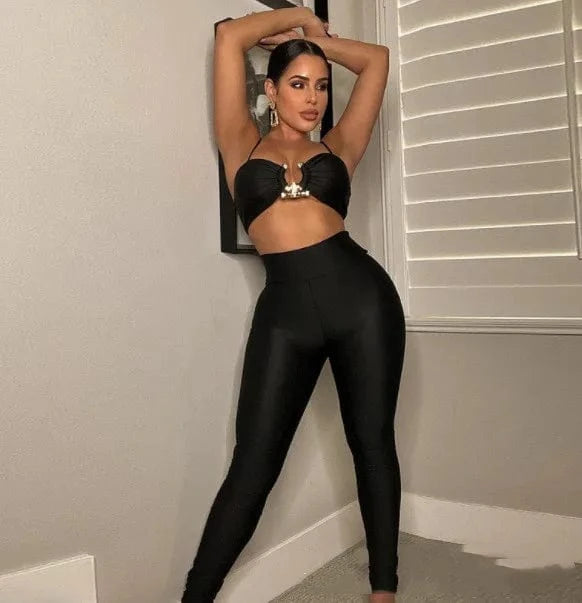 Custom logo with Metal ornament on bra  Sexy Camisole + Tight Pants Two-piece Set