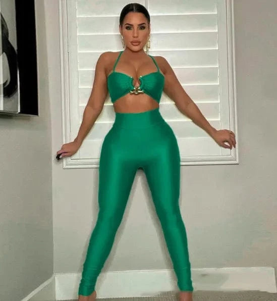 Custom logo with Metal ornament on bra  Sexy Camisole + Tight Pants Two-piece Set