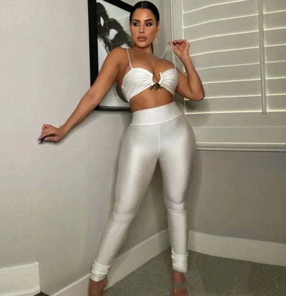 Custom logo with Metal ornament on bra  Sexy Camisole + Tight Pants Two-piece Set