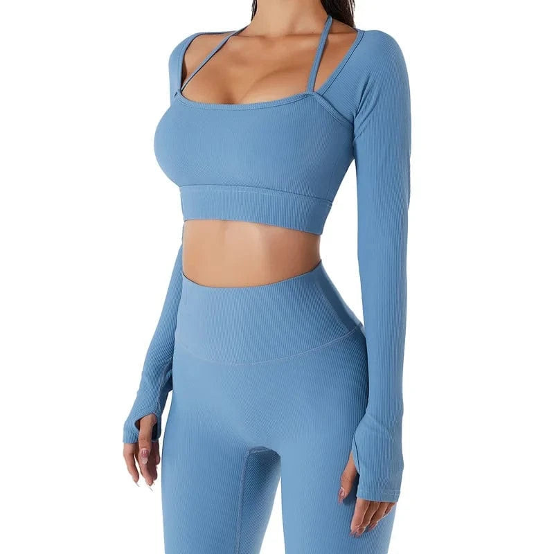Custom Long Sleeve Ribbed Yoga Set Two Piece Biker Shorts Fitness Workout Gym Set Seamless Active Wear for Women