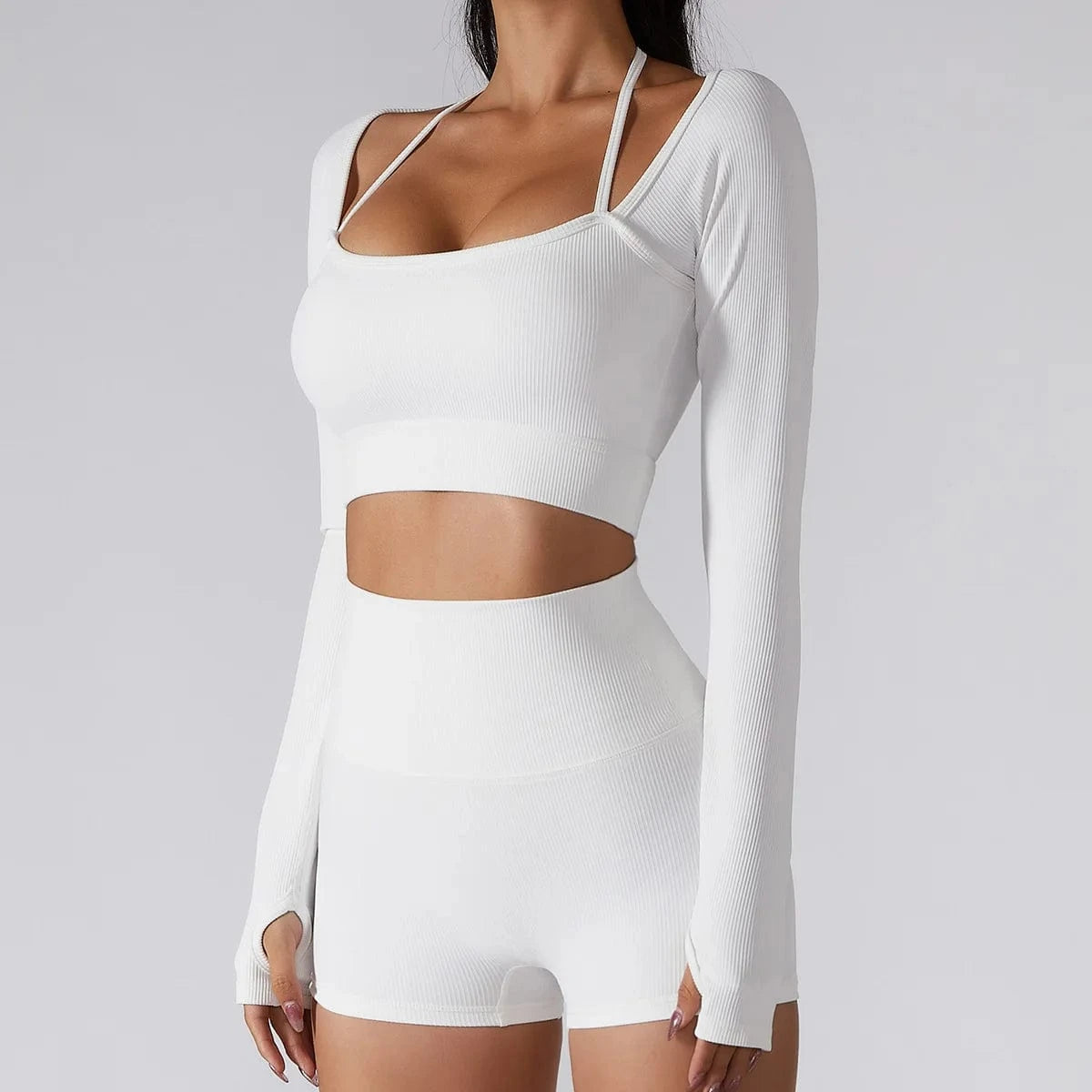 Custom Long Sleeve Ribbed Yoga Set Two Piece Biker Shorts Fitness Workout Gym Set Seamless Active Wear for Women