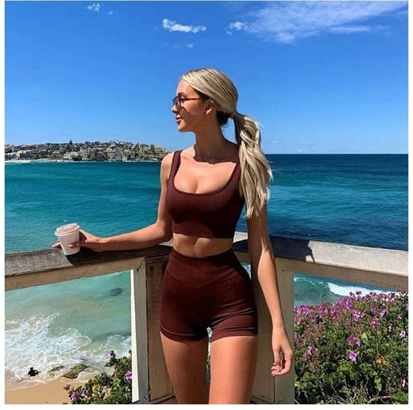 Custom New Solid Color Fashion Two Piece Women Clothing Sexy Yoga Sport Bra Leggings Set Gym Wear Women