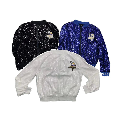 custom nfl vikings stand-up collar fashion short zipper coat sequins girl's plus size sports uniform women sequins jacket