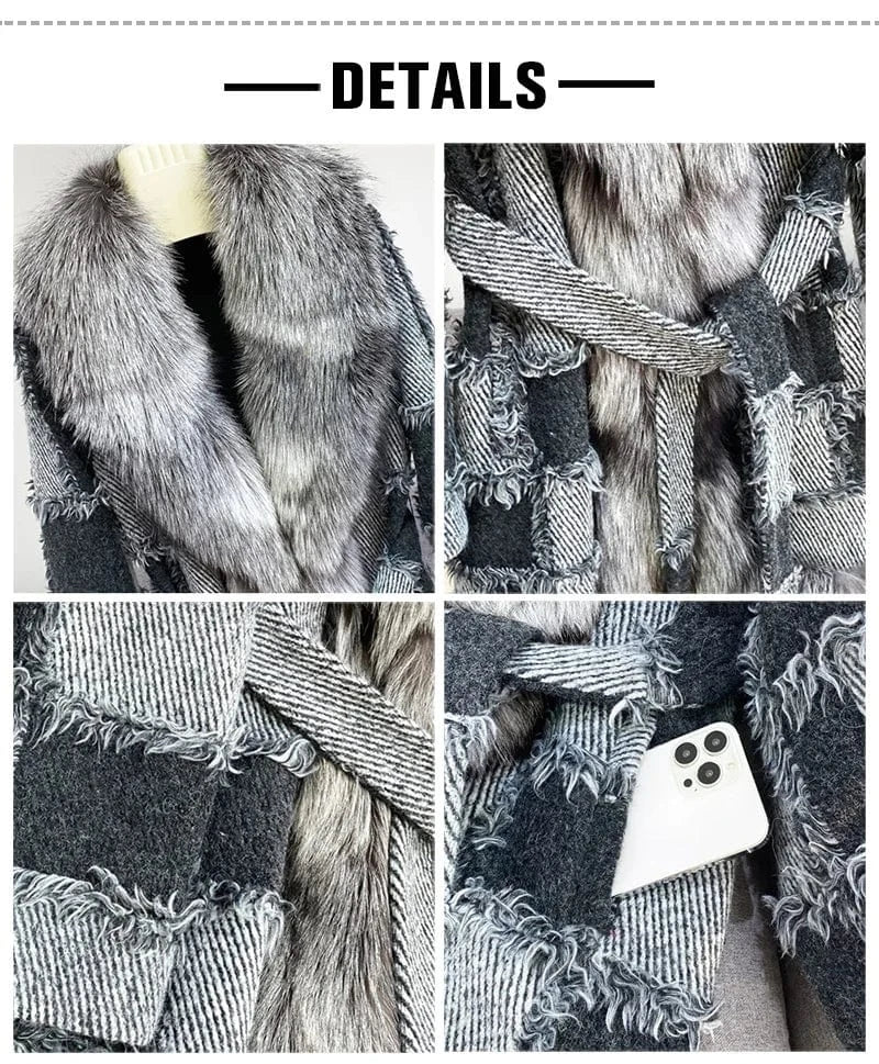 Custom Patchwork Pattern Winter Warm Wool Coats Women Cashmere Long Coat with Fox Fur Trim