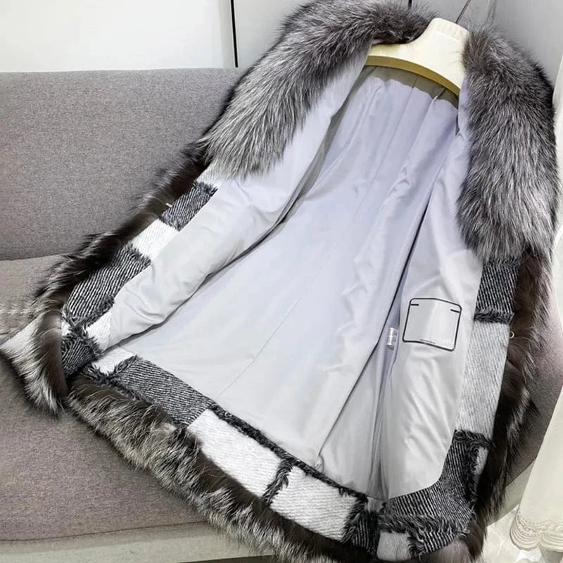 Custom Patchwork Pattern Winter Warm Wool Coats Women Cashmere Long Coat with Fox Fur Trim