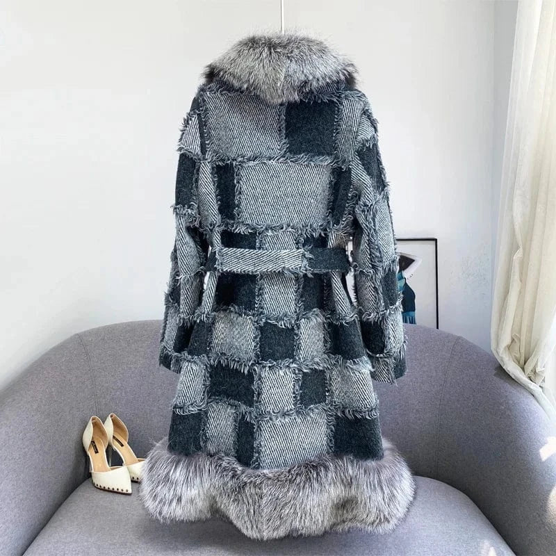 Custom Patchwork Pattern Winter Warm Wool Coats Women Cashmere Long Coat with Fox Fur Trim