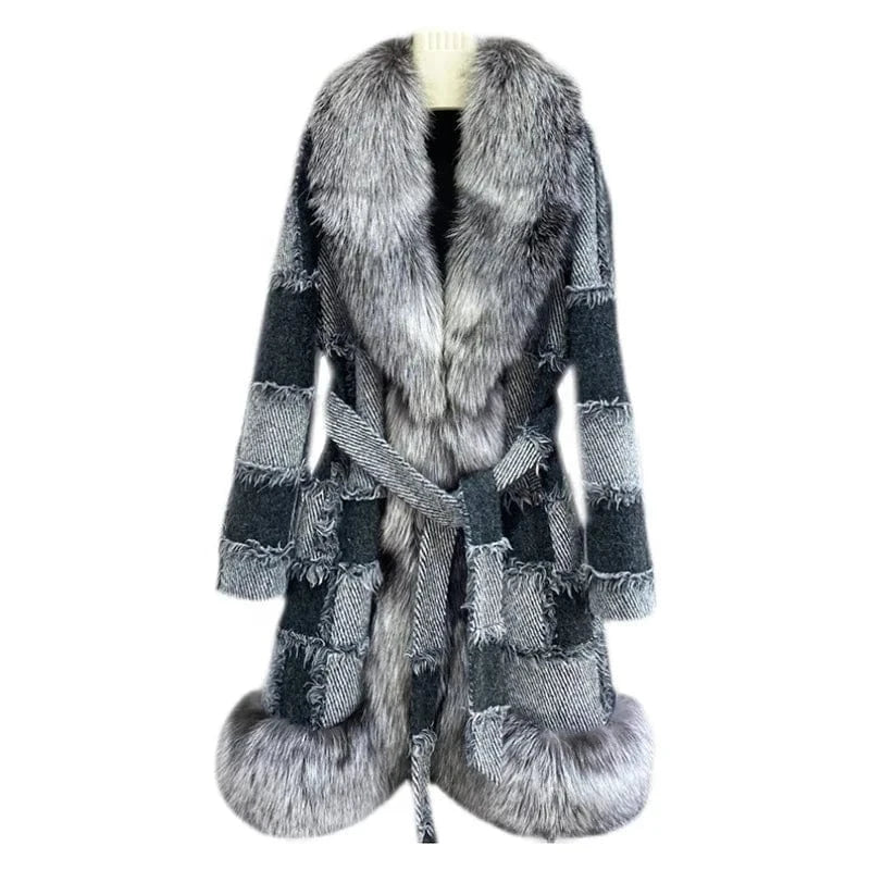 Custom Patchwork Pattern Winter Warm Wool Coats Women Cashmere Long Coat with Fox Fur Trim