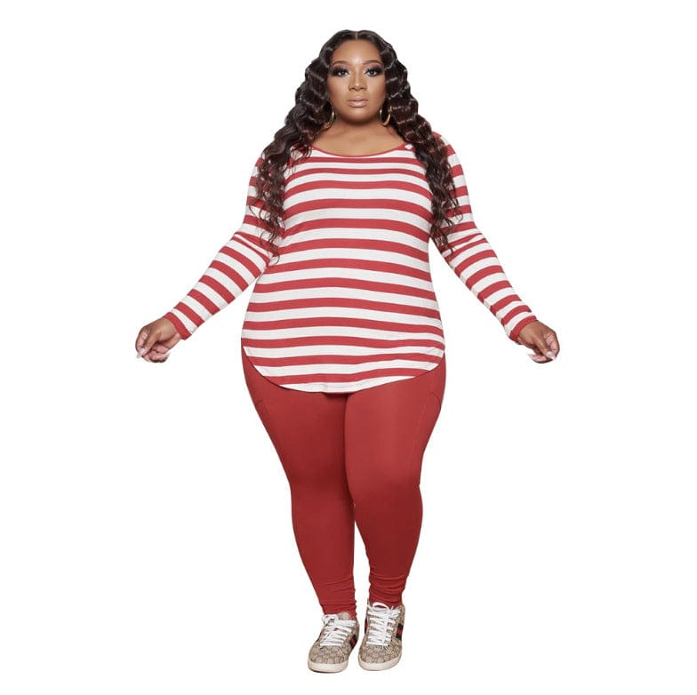 Custom / Red Causal Striped Cozy Casual Off-Shoulder 2 Piece Long Sleeve Set Women Fall Sets for Women Two Pieces