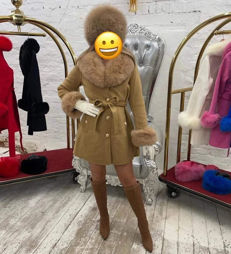 Custom Size / Camel Handmade Luxury Real Fox Fur Collar Cuffs Cashmere Coats Women Single Breasted Buttons Wool Coat