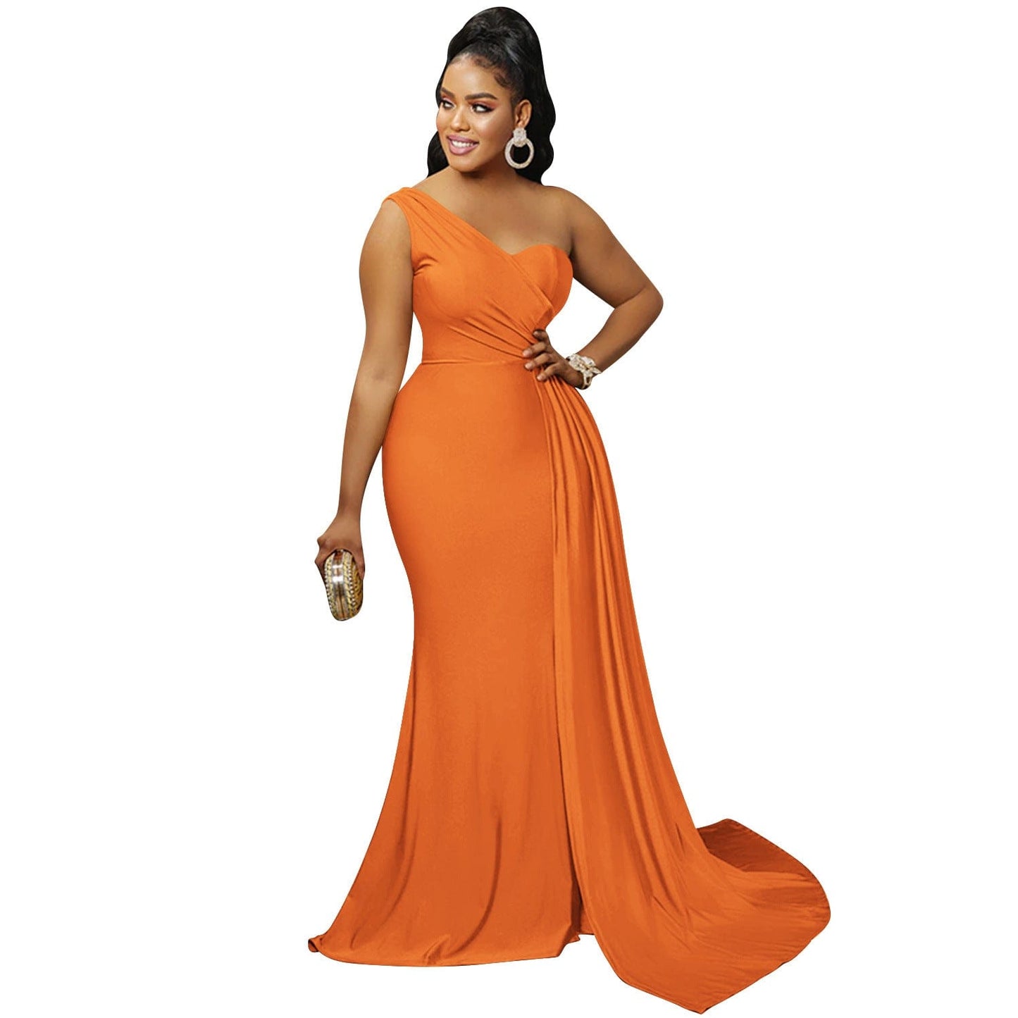 Custom Size / Orange / Floor Length S4068F   Fashion Solid Color Party Tight One Shoulder Sleeve evening dresses women long
