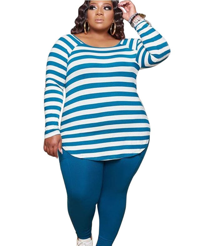 Custom / Sky Blue Causal Striped Cozy Casual Off-Shoulder 2 Piece Long Sleeve Set Women Fall Sets for Women Two Pieces