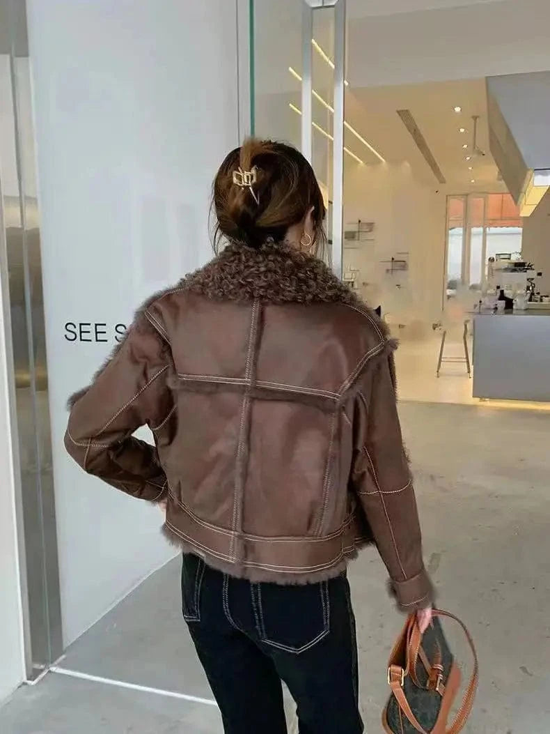 Custom Soft Women Elegant Warm Luxury Double Sided Sheepskin Fur Jacket Winter Ladies Genuine Shearling Wool Sheep Leather Coat