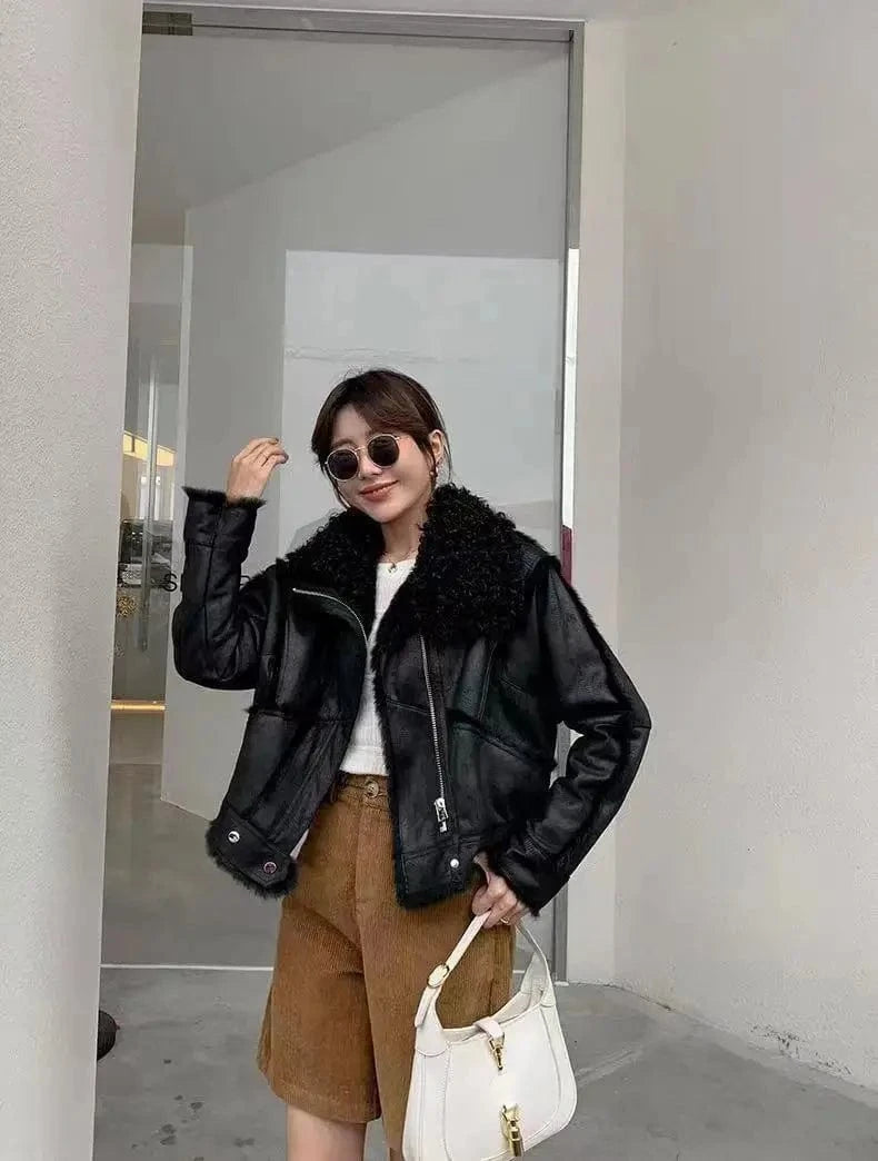 Custom Soft Women Elegant Warm Luxury Double Sided Sheepskin Fur Jacket Winter Ladies Genuine Shearling Wool Sheep Leather Coat