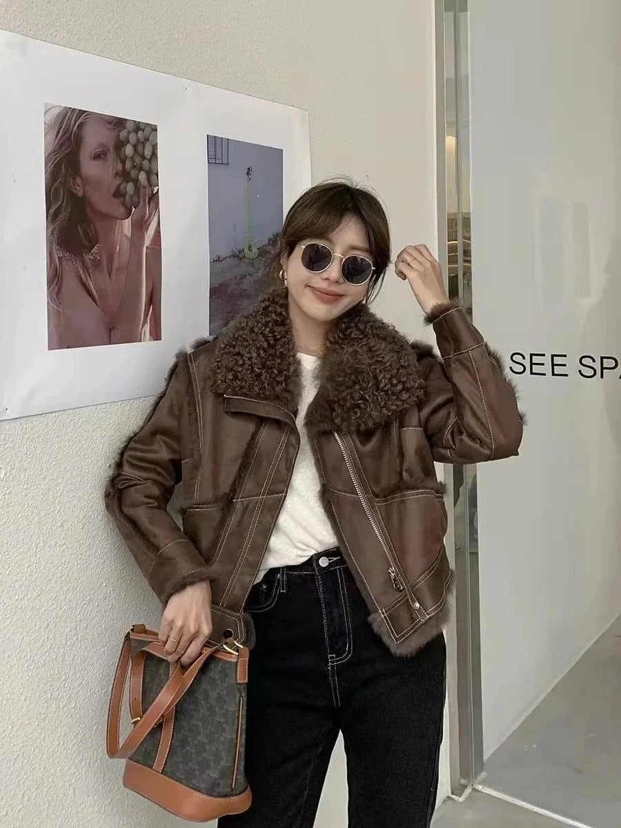 Custom Soft Women Elegant Warm Luxury Double Sided Sheepskin Fur Jacket Winter Ladies Genuine Shearling Wool Sheep Leather Coat