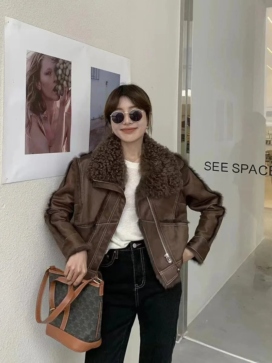 Custom Soft Women Elegant Warm Luxury Double Sided Sheepskin Fur Jacket Winter Ladies Genuine Shearling Wool Sheep Leather Coat