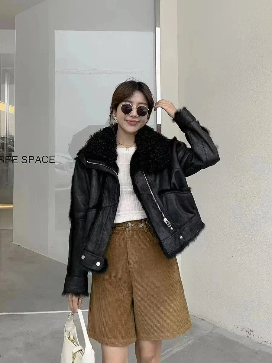 Custom Soft Women Elegant Warm Luxury Double Sided Sheepskin Fur Jacket Winter Ladies Genuine Shearling Wool Sheep Leather Coat