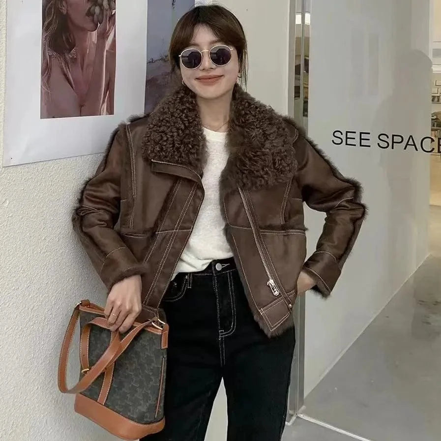 Custom Soft Women Elegant Warm Luxury Double Sided Sheepskin Fur Jacket Winter Ladies Genuine Shearling Wool Sheep Leather Coat