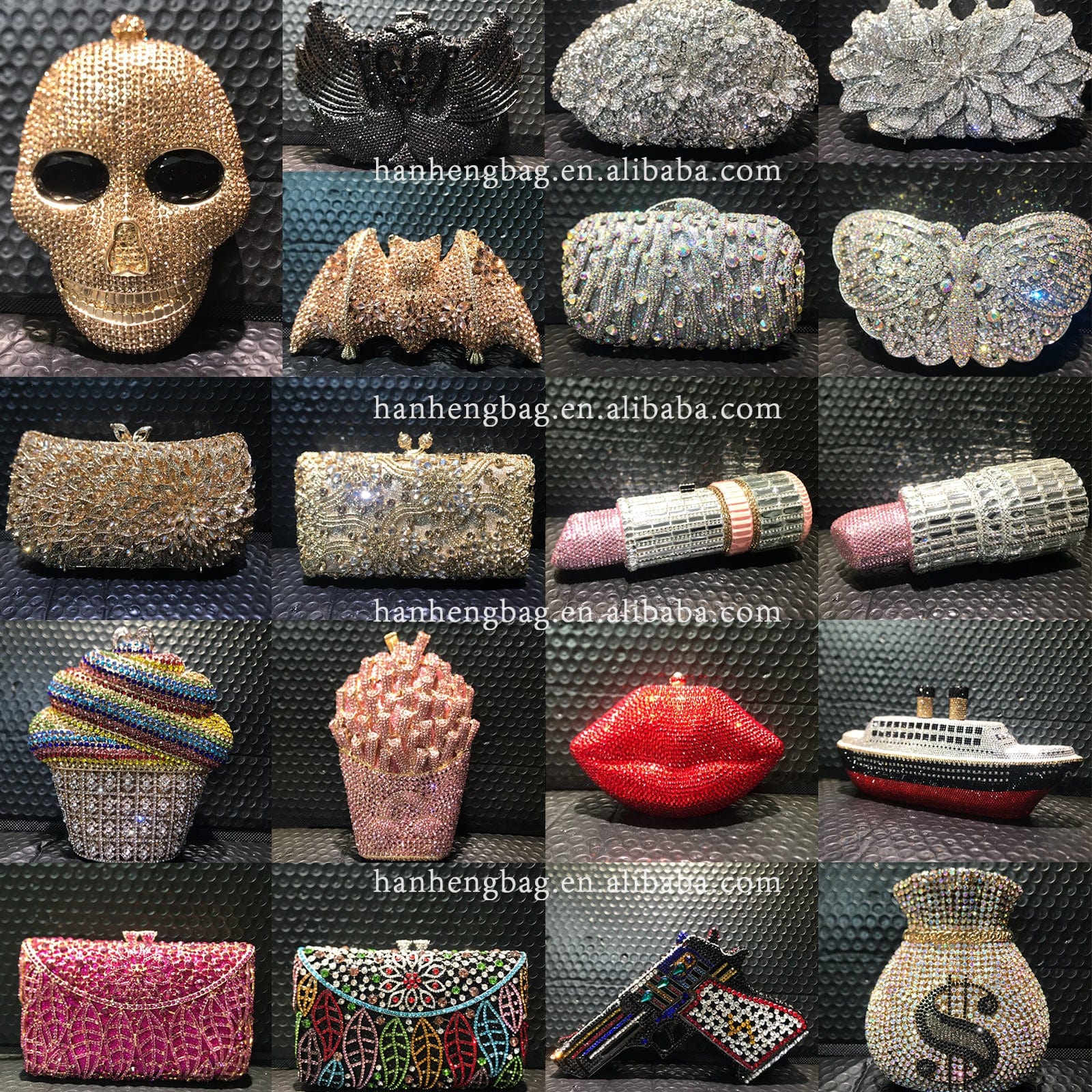 Custom Women bling diamond party skull handbag hand rhinestone Pumpkin ice cream clutch Butterfly owl Swan  purse evening bags