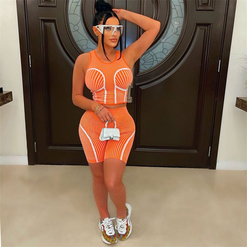 custom women knit cotton striped sleeveless crop top  biker shorts two 2 piece women set street wear shorts custom for women