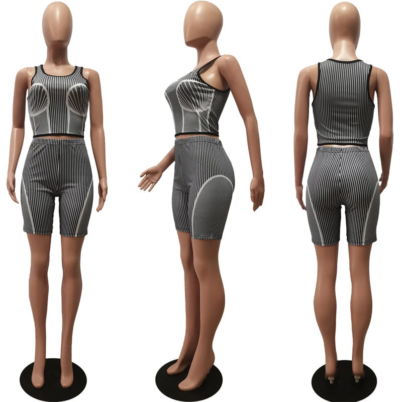 custom women knit cotton striped sleeveless crop top  biker shorts two 2 piece women set street wear shorts custom for women