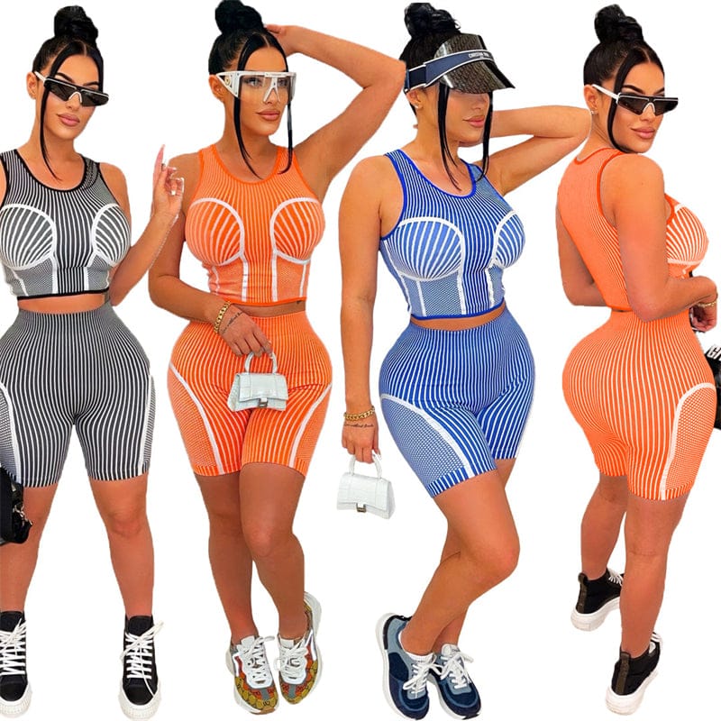 custom women knit cotton striped sleeveless crop top  biker shorts two 2 piece women set street wear shorts custom for women