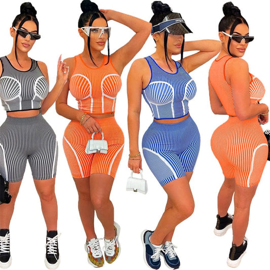 custom women knit cotton striped sleeveless crop top  biker shorts two 2 piece women set street wear shorts custom for women