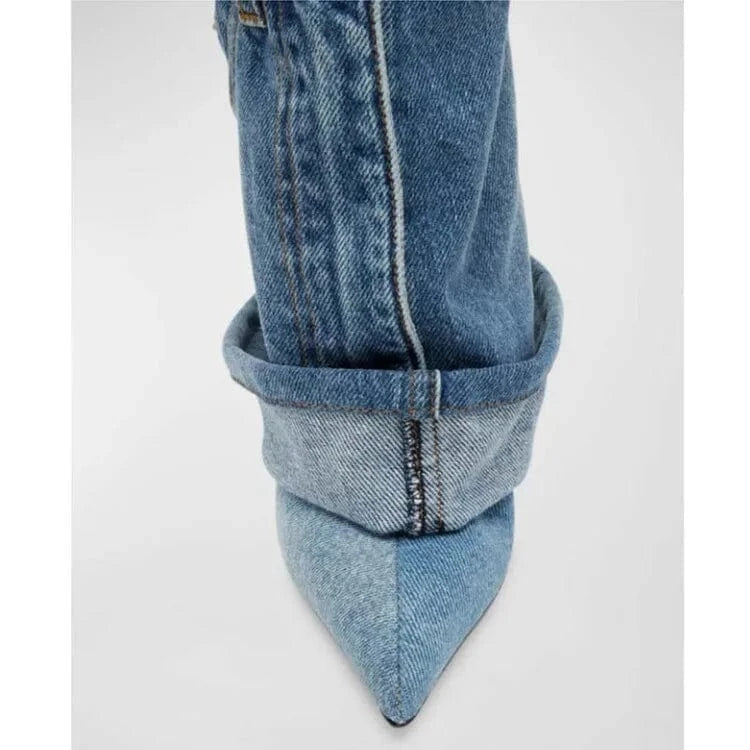 Custom Women Mid Calf Boot Pointed Toe Botas Dama Female Shoes Denim Cowgirl New Denim Boots for Ladies
