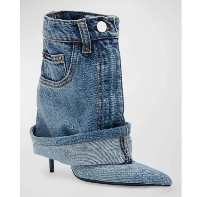 Custom Women Mid Calf Boot Pointed Toe Botas Dama Female Shoes Denim Cowgirl New Denim Boots for Ladies